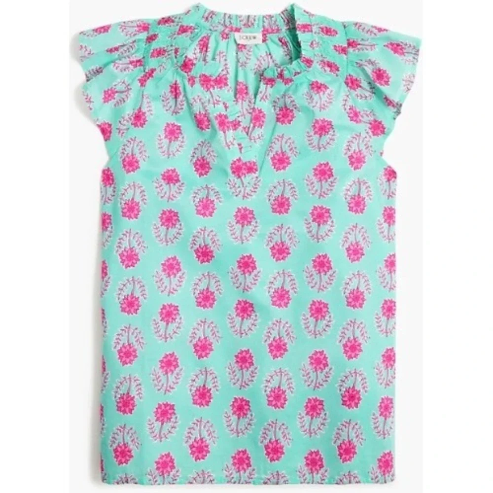 J. Crew Aqua Pink Floral Smocked Flutter Sleeve V-Neck Blouse Top XS NWT $80